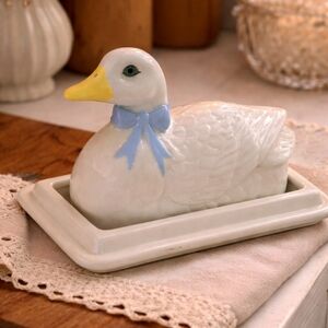 Charming White Duck Figurine with Blue Bow